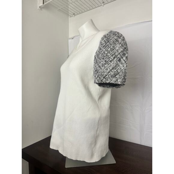 Karl Lagerfeld Paris Ivory/White Knit Top Tweed Puffed Short Sleeves, XL NWT - Picture 5 of 7